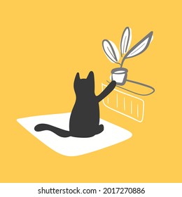 Cute black cat and a falling plant. Flat minimalistic vector illustration.