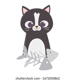 Cute black cat with fishbones cartoon vector illustration