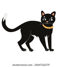 Lindo gato negro en estilo plano aislado sobre fondo blanco. Ilustración vectorial plana de un gato, en minimalismo. Divertido mascota amistosa que se sienta