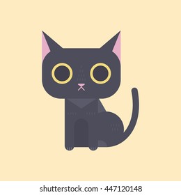 Cute black cat in flat style with funny cartoon square head