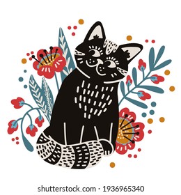 Cute black cat in flowers. Hand-drawn vector illustration in flat style. Print for T-shirts, children's clothing, posters, backgrounds, wallpapers.