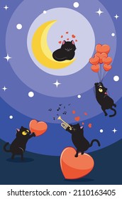 Cute black cat flying on red heart balloons to the cat sleeps on crescent moon, cat playing trumpet and cat with heart illustration.