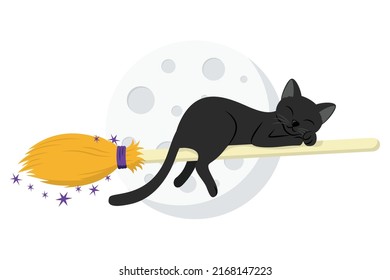 Un gato negro lindo volando en la escoba de una bruja frente a la luna llena. Elemento de diseño para banner de Halloween, tarjeta de saludo, invitación de fiesta. Aislado en blanco. Ilustración plana del vector