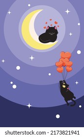 Cute black cat flying on red heart balloons to the cat sleeps on crescent moon illustration.