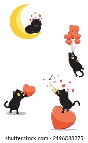 Cute black cat flying on red heart balloons to the cat sleeps on crescent moon, cat playing trumpet and cat with heart illustration.