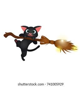 Cute black cat flying on a broom witch isolated on white background. Cute homeless animals. Vector cartoon close-up illustration.