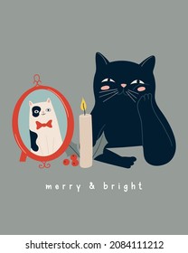 Cute black cat with framed photo, candle and mistletoe. Christmas and New Year illustration, greeting card