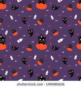 cute black cat ghost cartoon vector.Halloween night seamless pattern