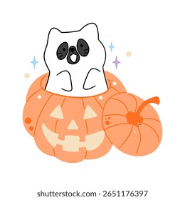 Cute black cat ghost peeking from a carved jack o lantern, isolated on white. Fun for Halloween designs
