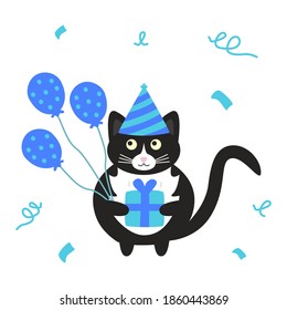 С gato negro con una caja de regalo en las patas, con una gorra azul con globos azules y una serpentina en el fondo. Feliz cumpleaños, tarjeta de felicitación. Ilustración del vector Doodle.