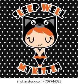 Cute black cat girl sleep well on polka dot background vector cartoon illustration for halloween card design, wallpaper and kid t-shirt design