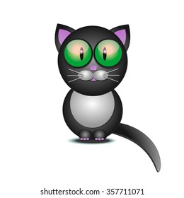 Cute black cat with green eyes, vector illustration