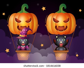 Cute black cat with halloween costume on pumpkin air balloon