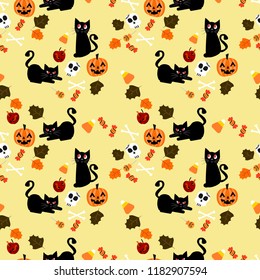 Cute black cat and Halloween element seamless pattern.