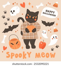 Cute black cat with Halloween elements - ghosts, skull, bones, bats. Autumn greeting card. Halloween vector illustration of kitten with pumpkin. Happy Halloween