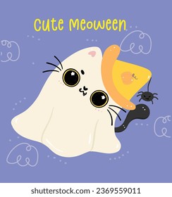 Cute Black cat Halloween Ghost with spider cartoon. Mischievous kitty animal illustration. Perfect for adding a whimsical touch to project.