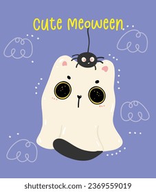 Cute Black cat Halloween Ghost with spider cartoon. Mischievous kitty animal illustration. Perfect for adding a whimsical touch to project.