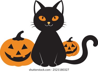 Gato negro lindo con la ilustración festiva de Halloween Jack-o'-Lanterns