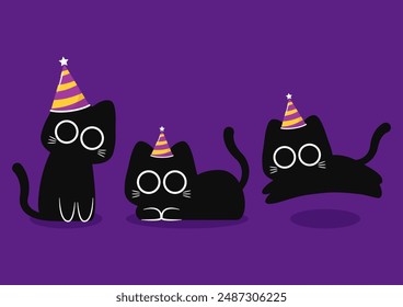 Cute Black cat. Halloween black cat on purple background.