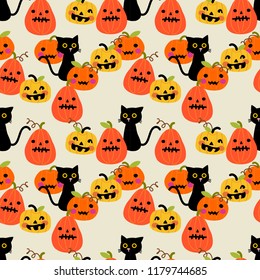 Cute black cat and Halloween pumpkin seamless pattern. Cute Halloween concept.