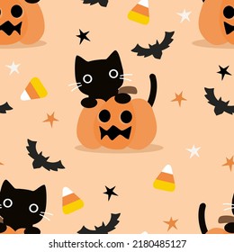 Cute Black Cat and Halloween Pumpkin Seamless Pattern