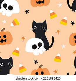 Cute Black Cat And Halloween Pumpkin Seamless Pattern