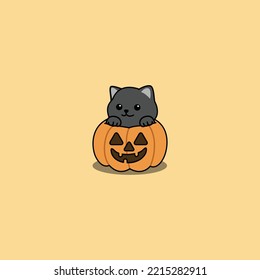 Rute schwarze Katze auf halloween Kürbiscartoon, Vektorgrafik