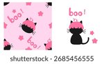 Cute black cat halloween set in pastel pink with “boo” text and star accents, hand-drawn kawaii kitten graphic and seamless repeat for kids fabric, pajamas, wrapping and party decor