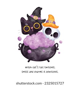 A cute black cat Halloween and a skull wearing a witch hat are brewing up magic in a bubbling cauldron, bringing the spirit of Halloween to life.