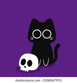 Cute Black cat. Halloween black cat and skull on purple background.