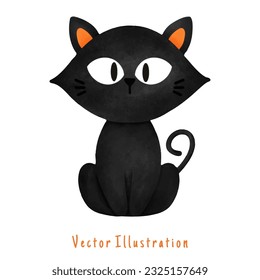 Cute black cat, Halloween vector watercolor illustration