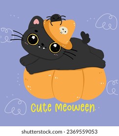 Cute Black cat Halloween witch on pumpkin cartoon. Mischievous kitty animal illustration. Perfect for adding a whimsical touch to project.