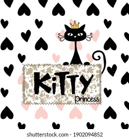 cute black cat and hand drawn kitty princess lettering on hearts background