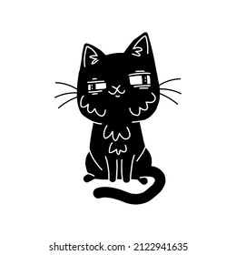 Cute black cat. Hand drawn cartoon vector illustration isolated on the white background.