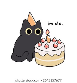 Cute black cat with happy birthday cake. Cat illustration with funny quote 