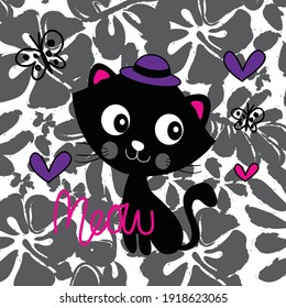 Cute black cat in hat on hibiscus flower background vector illustration. Vector illustration for baby kids t-shirt graphics design.