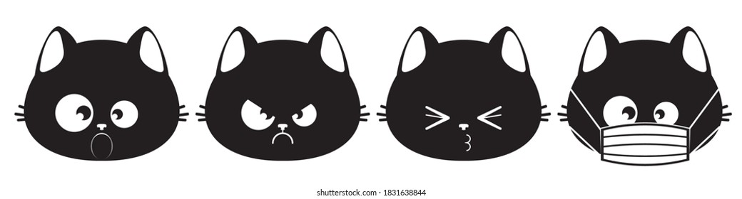 Cute black cat head with different expressions illustration.