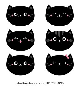 Cute black cat head face set. Funny cartoon kawaii characters. Emotion collection. Happy, surprised, sad, angry cats. Notebook cover tshirt. Greeting card template. White background Flat design Vector