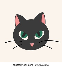 Cute black cat head. Cat face with big green eyes. Vector illustration, flat design, hand drawn cartoon.