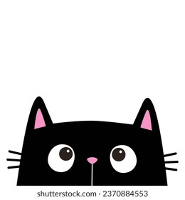 Cute black cat head face silhouette looking up. Pink ears. Cartoon character. Kawaii kitten animal. Baby card. Pet collection. Flat design. Sticker print. White background. Vector illustration