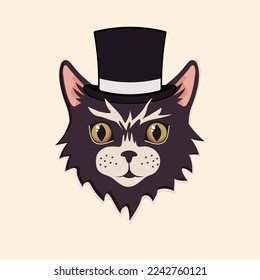 Cute black cat head with hat cartoon illustration. Stylish animal face or muzzle. Hipster kitten wearing modern or trendy accessory. Pet, fashion concept