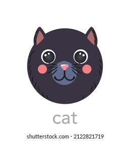 Cute black cat head portrait mascot with name text smile head cartoon round shape animal face, isolated vector icon illustrations. Flat simple hand drawn for kids poster, cards, t-shirts, baby clothes