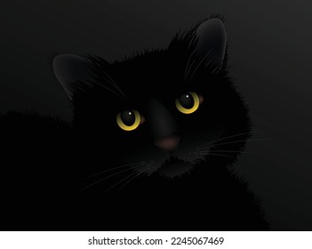 Cute black cat head with sad big yellow eyes on the muzzle on a dark background close-up.