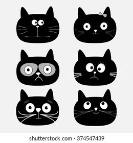 Cute black cat head set. Funny cartoon characters. White background. Isolated. Flat design. Vector illustration