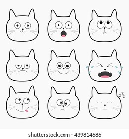 Cute black cat head set. Cartoon characters Different emotions faces collection. Expression face icons. Crying, happy, snoring, angry kitten. Cat feelings.  White background  Flat Vector illustration 