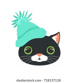 Cute black cat head in turquoise knitted hat, funny cartoon animal character vector illustration