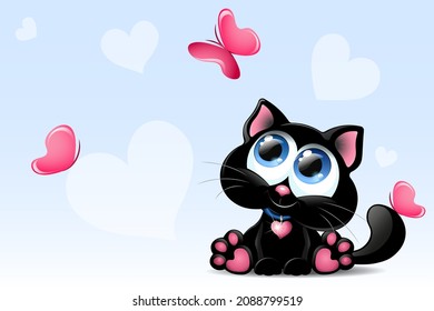 Cute Black Cat With Heart Collar On The Light Blue Background With Butterflies And Hearts For Valentine's Day