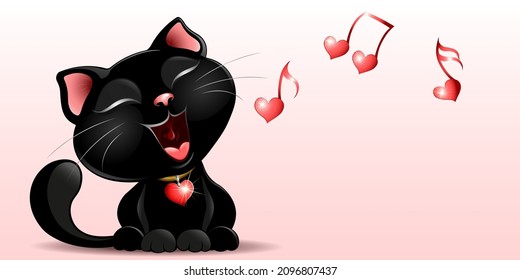 Cute Black Cat With Heart Collar  Sings Love Song For Valentine's Day