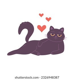 Cute black cat. Cat with hearts. Domestic pets, feline activities. Vector illustration in flat style