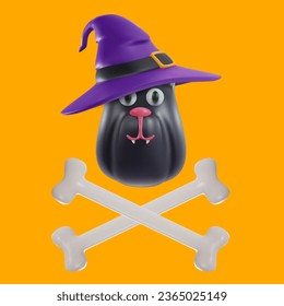 Cute black cat heat with witch hat and cross bones in realistic cartoon 3d style isolated on yellow background. Funny creative character for toy, game, holiday. Bright vector illustration.